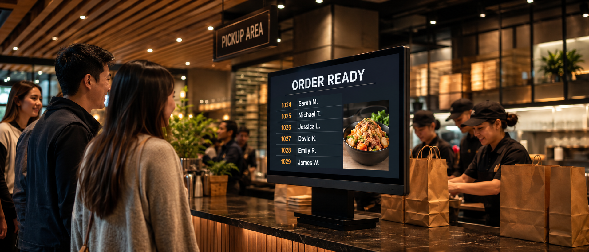 Customers standing near a pickup counter viewing a live order-ready customer display screen.