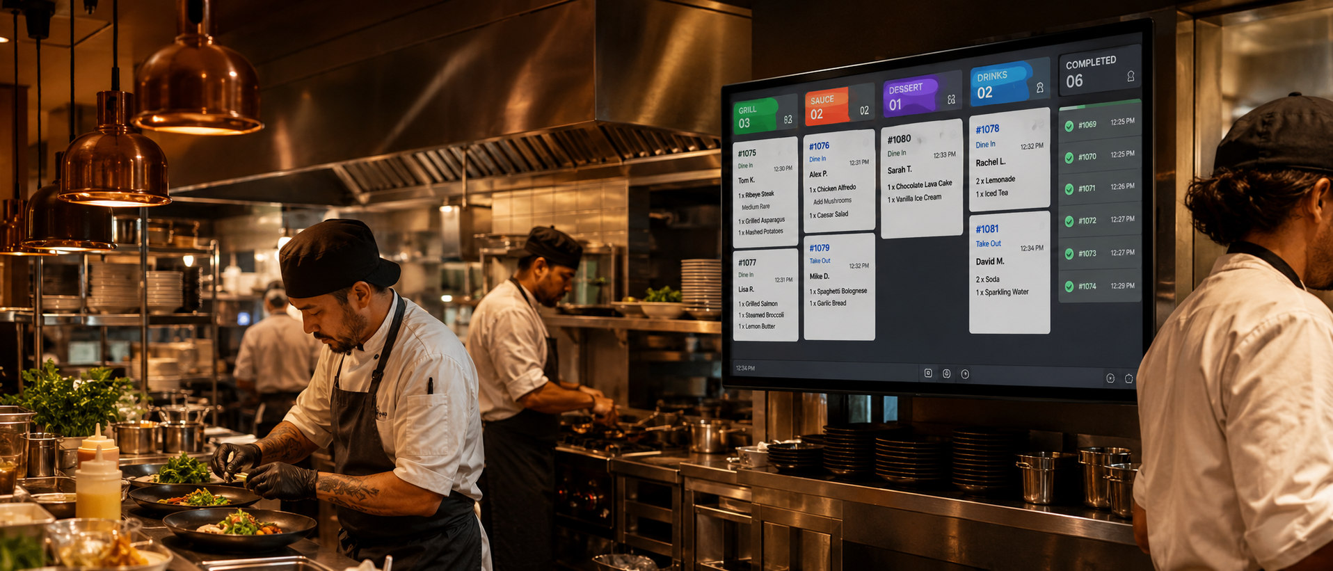 Busy restaurant kitchen with chefs working in front of a large kitchen display system screen.