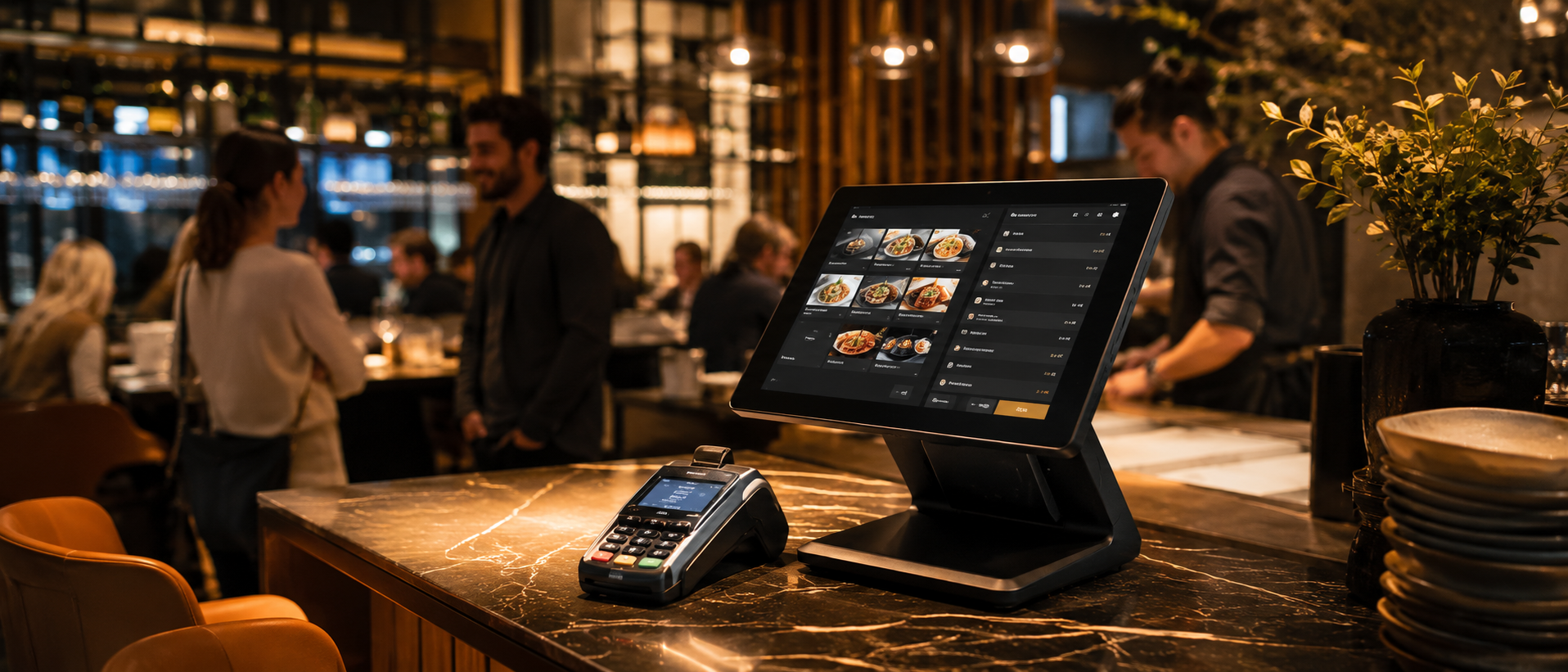 Restaurant point-of-sale terminal on a counter showing the Sordiz POS interface and payment terminal.