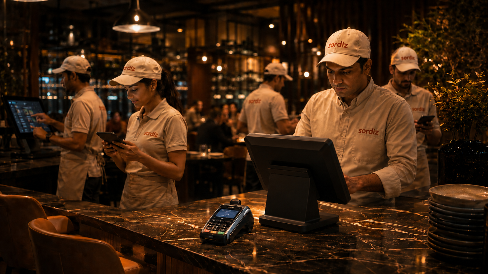 Sordiz restaurant staff using point-of-sale and handheld devices in a warm dining space.