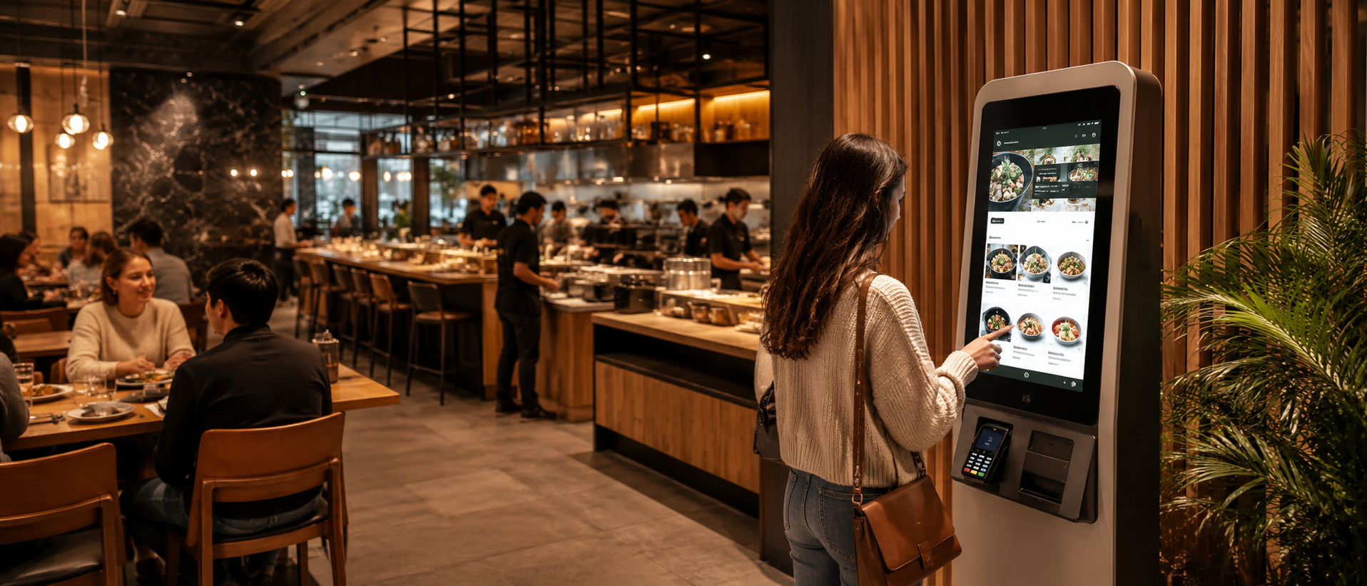 Restaurant guest using a self-ordering kiosk with the digital menu in a warm dining space.