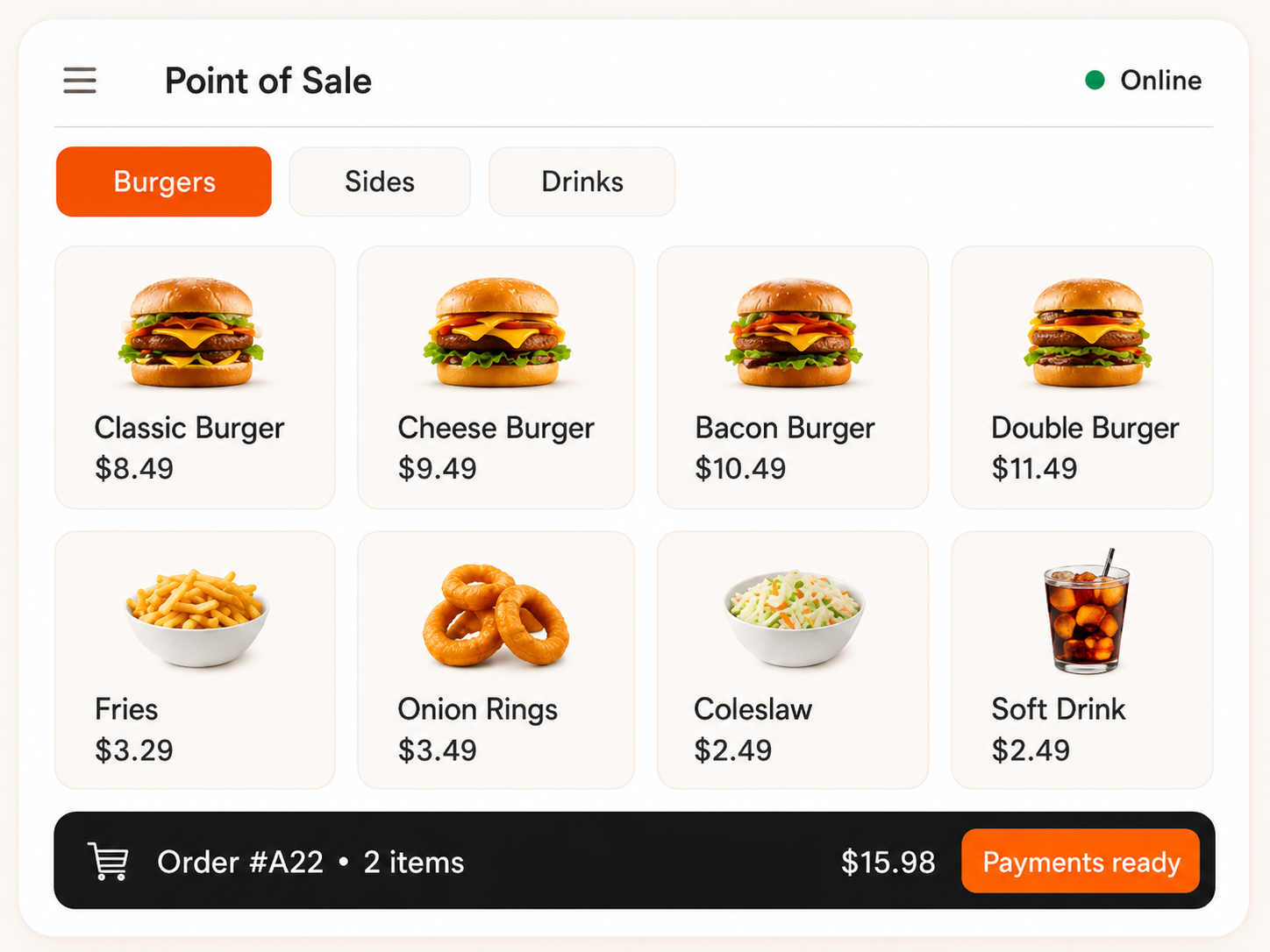 Point of Sale interface showing burger categories, menu items, and an order summary.